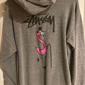 light, grey hoodie with a flamingo on the back